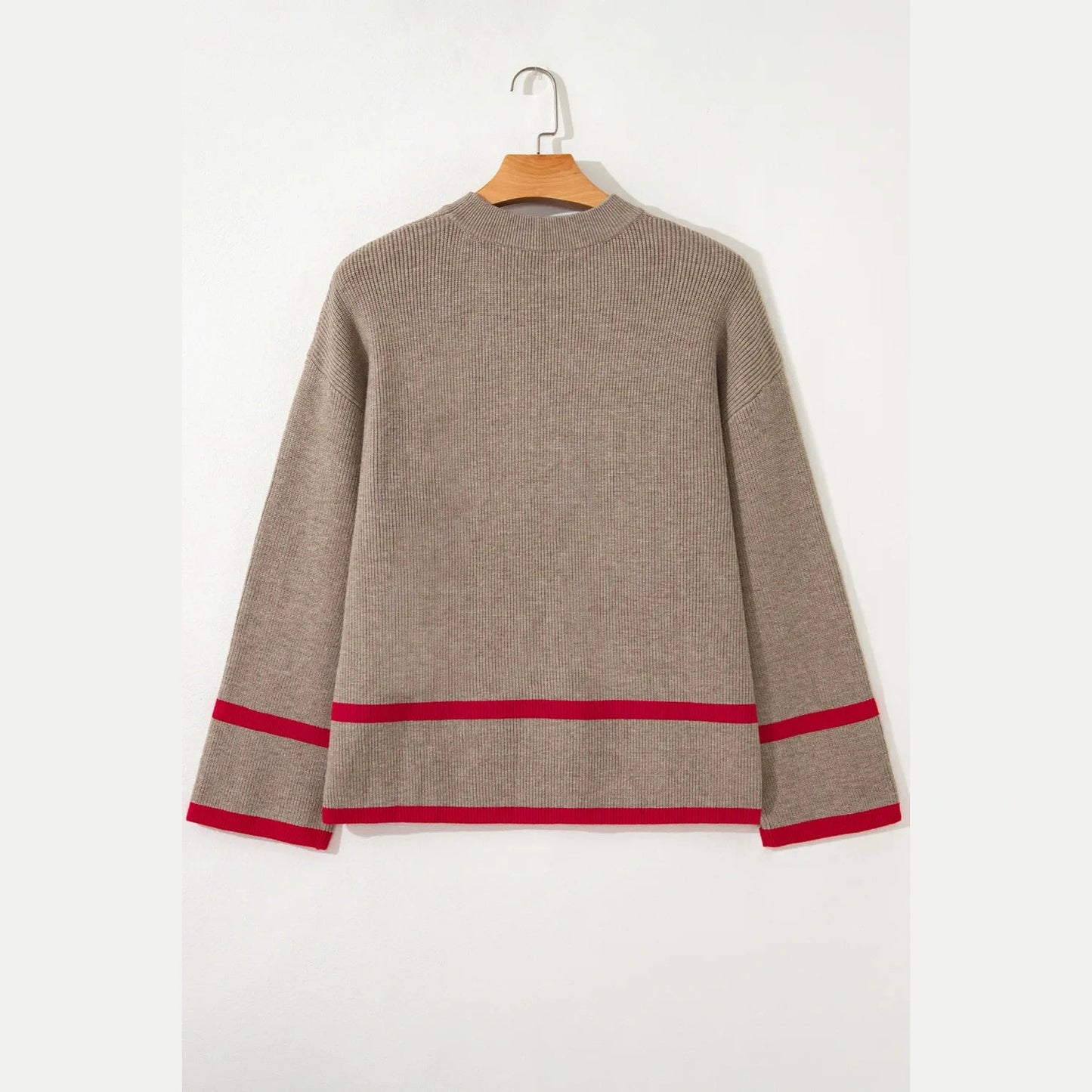 Halsey Simply Taupe Ribbed Knit Contrasted Stripe Detail Button Side Loose Sweater