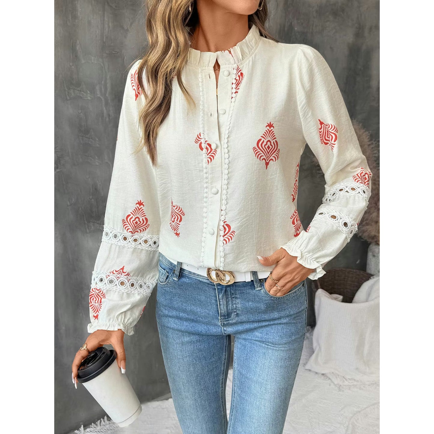 Harley Crimson Folk Lace Button Up Blouse