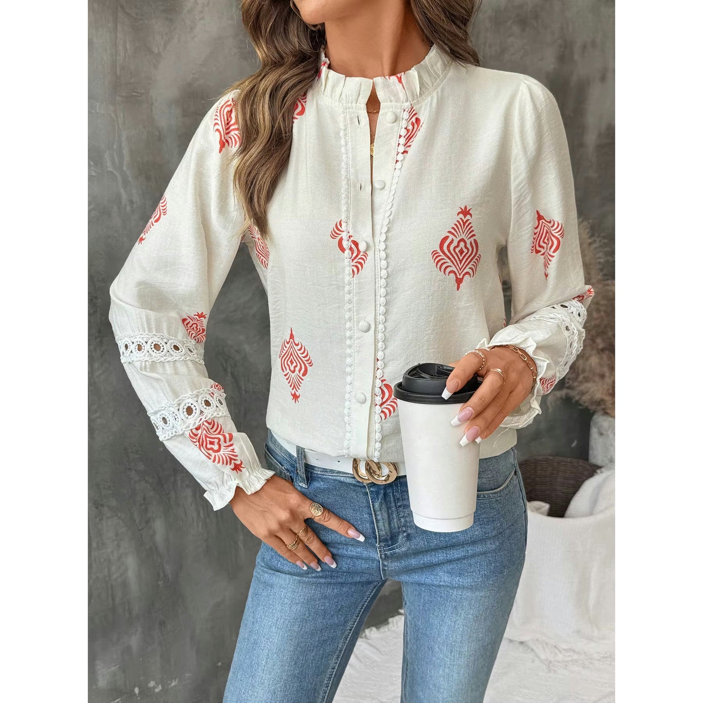 Harley Crimson Folk Lace Button Up Blouse