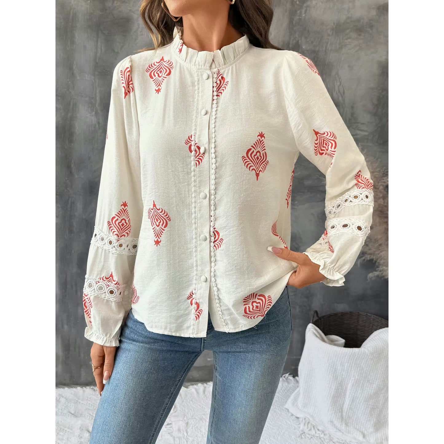 Harley Crimson Folk Lace Button Up Blouse
