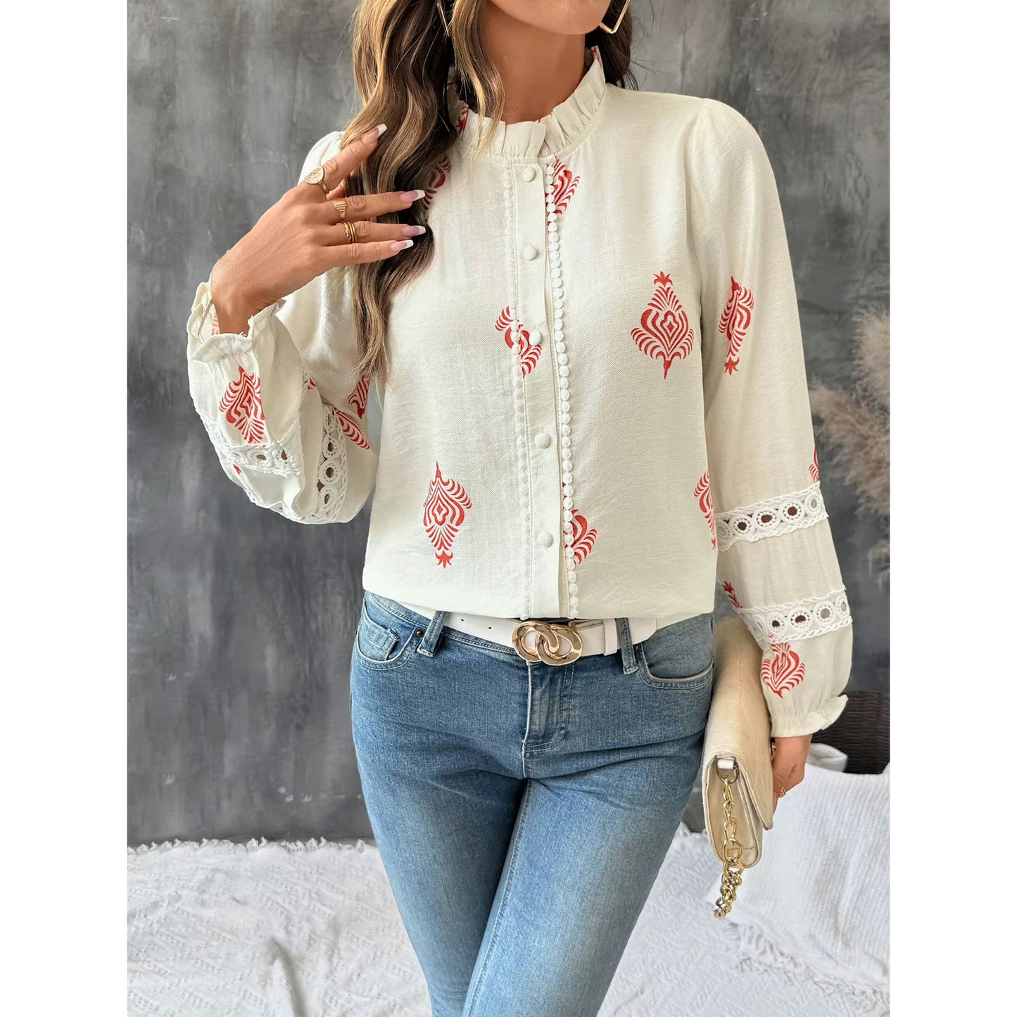Harley Crimson Folk Lace Button Up Blouse