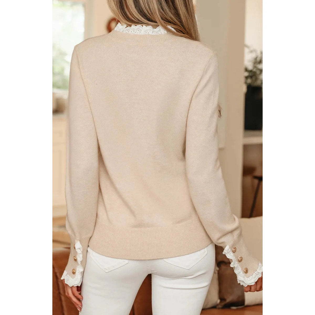 Harlie Lace Trim Patchwork Buttoned Cuffs Loose Sweater
