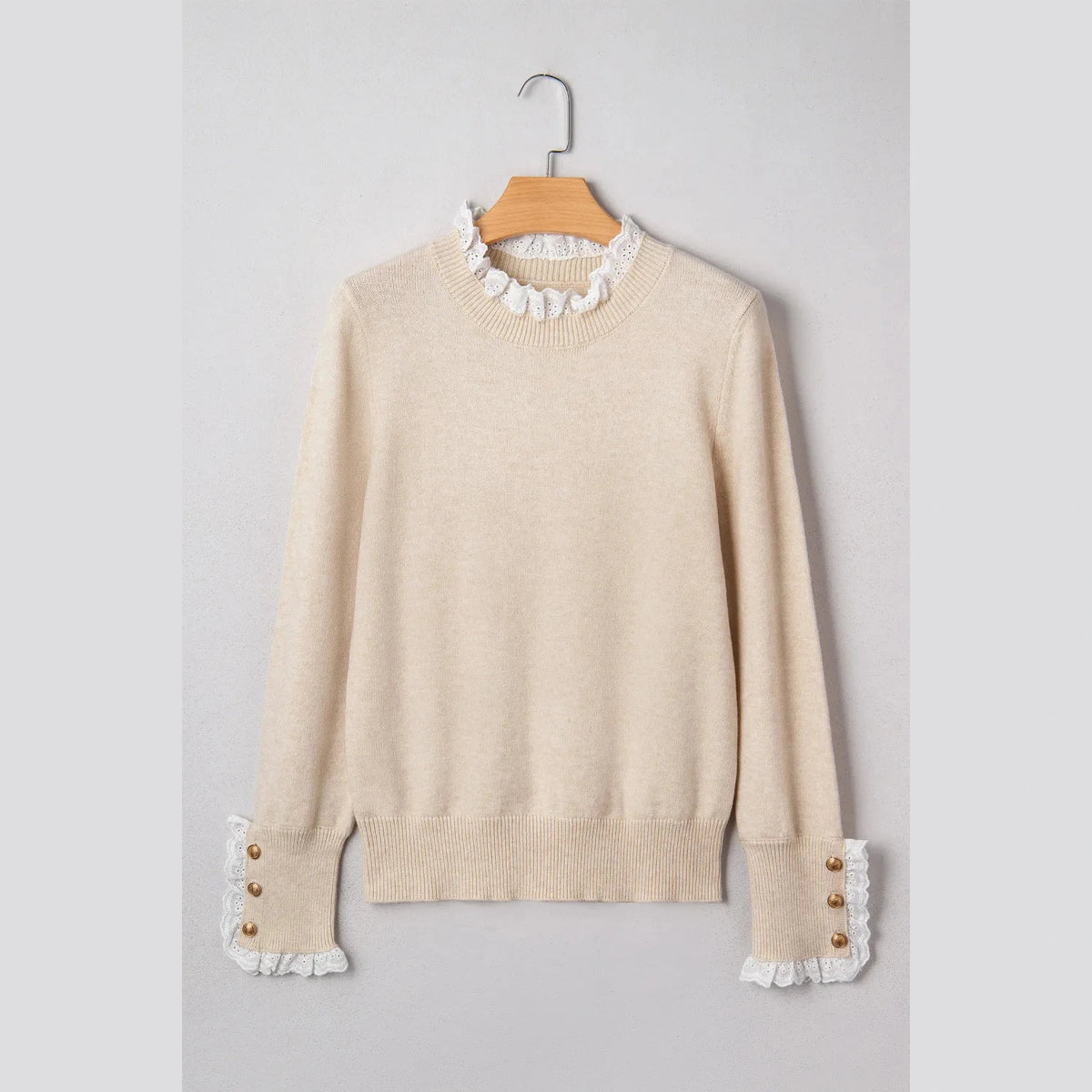 Harlie Lace Trim Patchwork Buttoned Cuffs Loose Sweater