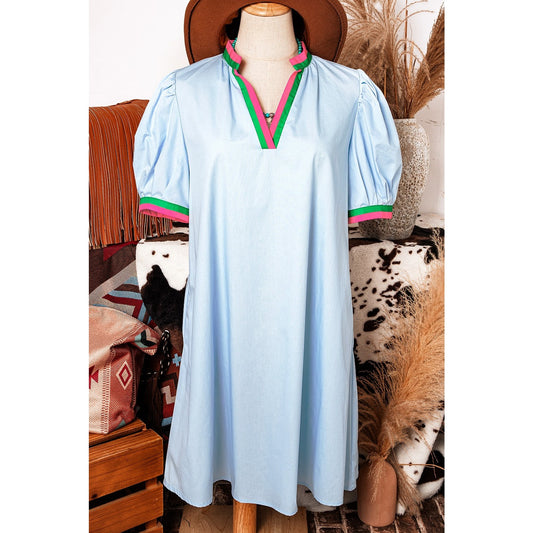 Harmony Contrast Striped Notched V Neck Puff Sleeve Mini Dress