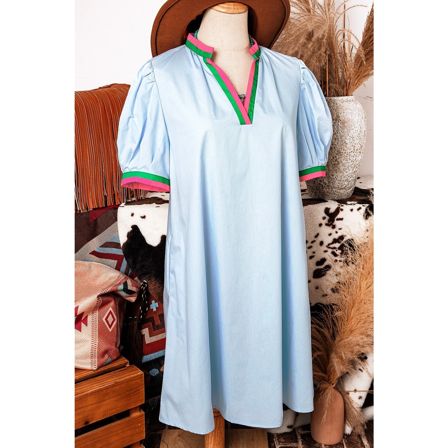 Harmony Contrast Striped Notched V Neck Puff Sleeve Mini Dress
