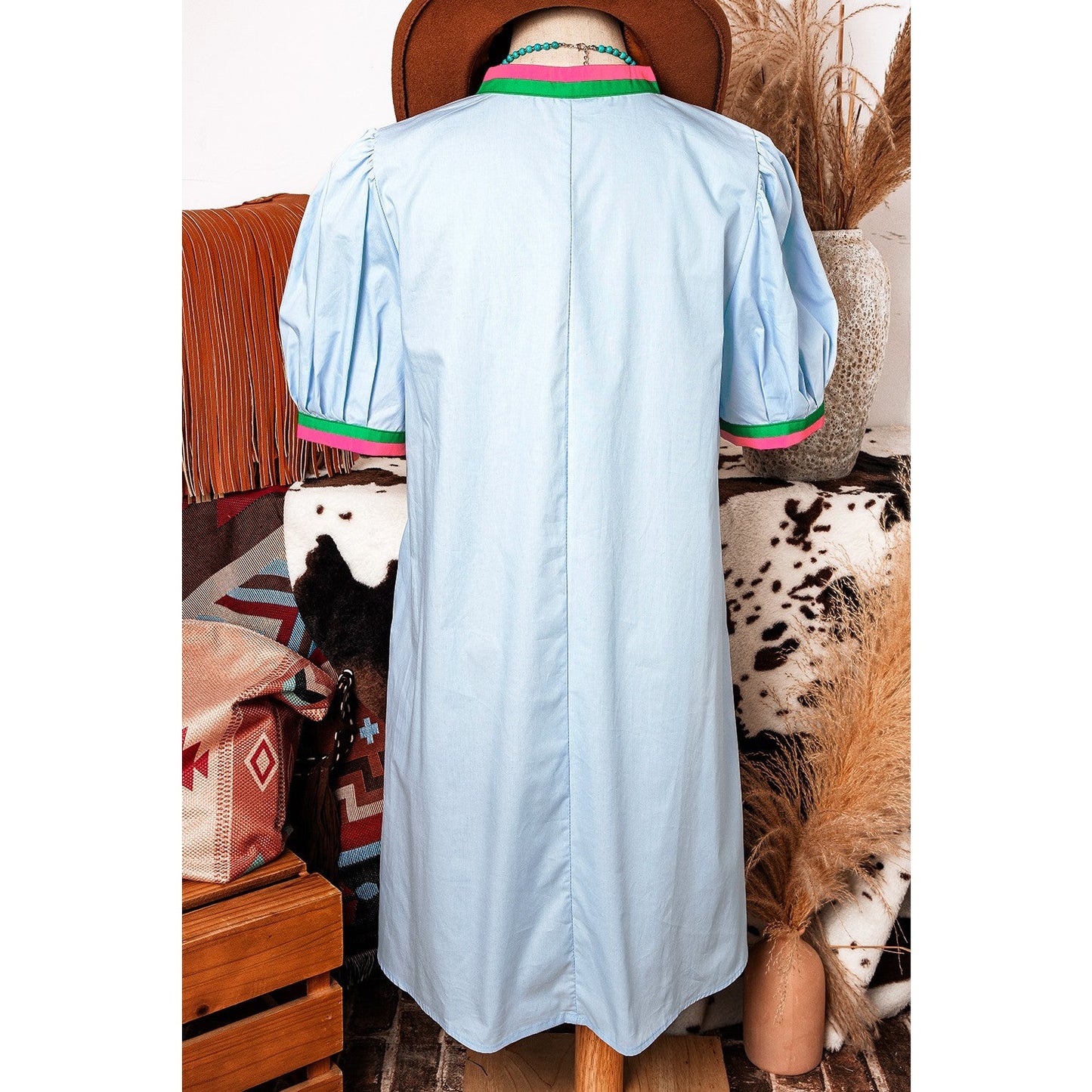 Harmony Contrast Striped Notched V Neck Puff Sleeve Mini Dress