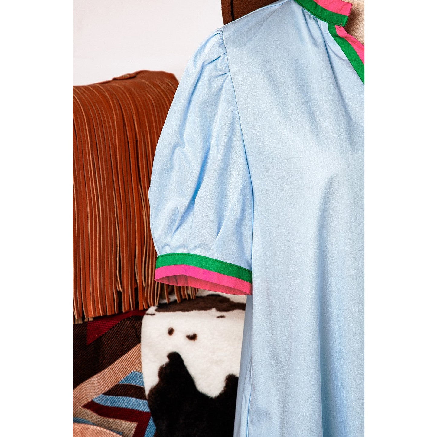 Harmony Contrast Striped Notched V Neck Puff Sleeve Mini Dress