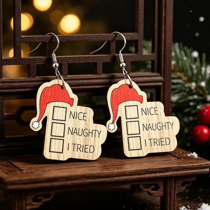 Wooden Santa Hat Naughty Nice Earrings
