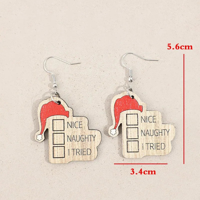 Wooden Santa Hat Naughty Nice Earrings