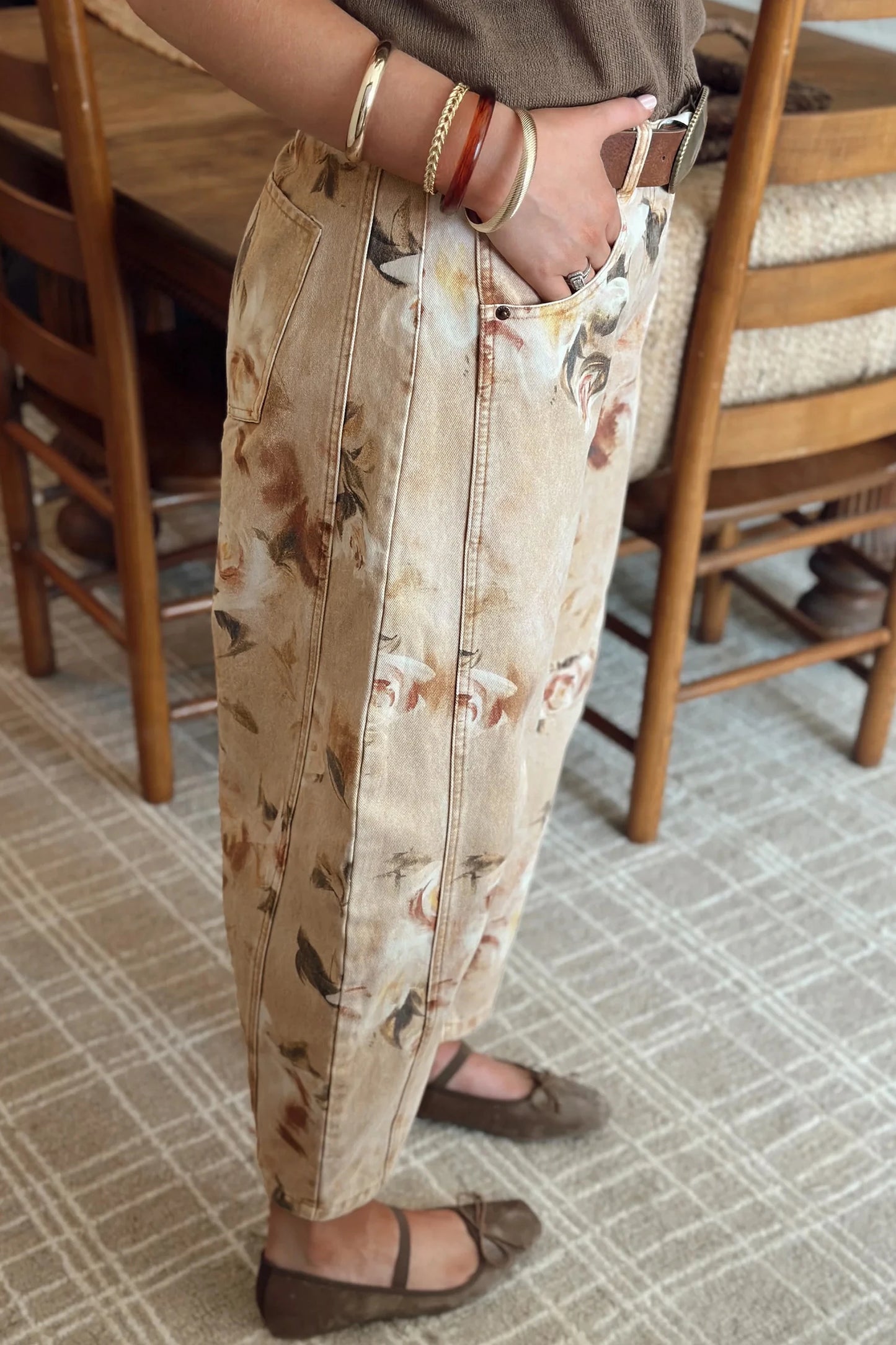 Hayden Khaki Retro Floral Print Relaxed Barrel Jeans