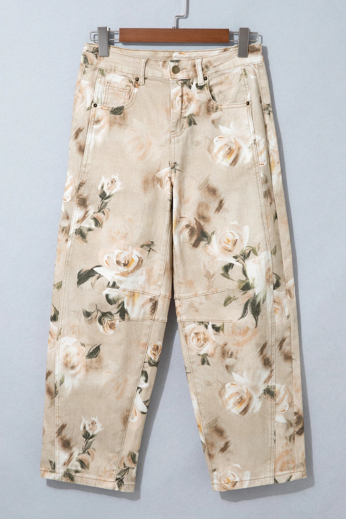 Hayden Khaki Retro Floral Print Relaxed Barrel Jeans