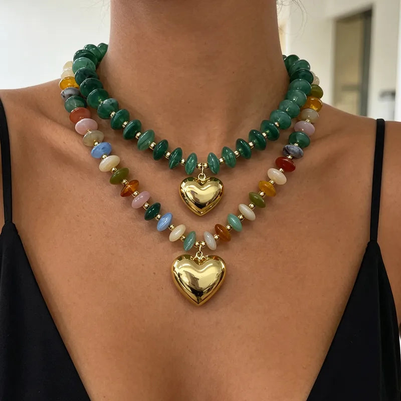 Heart Pendant Beaded Necklace - 2 Colors