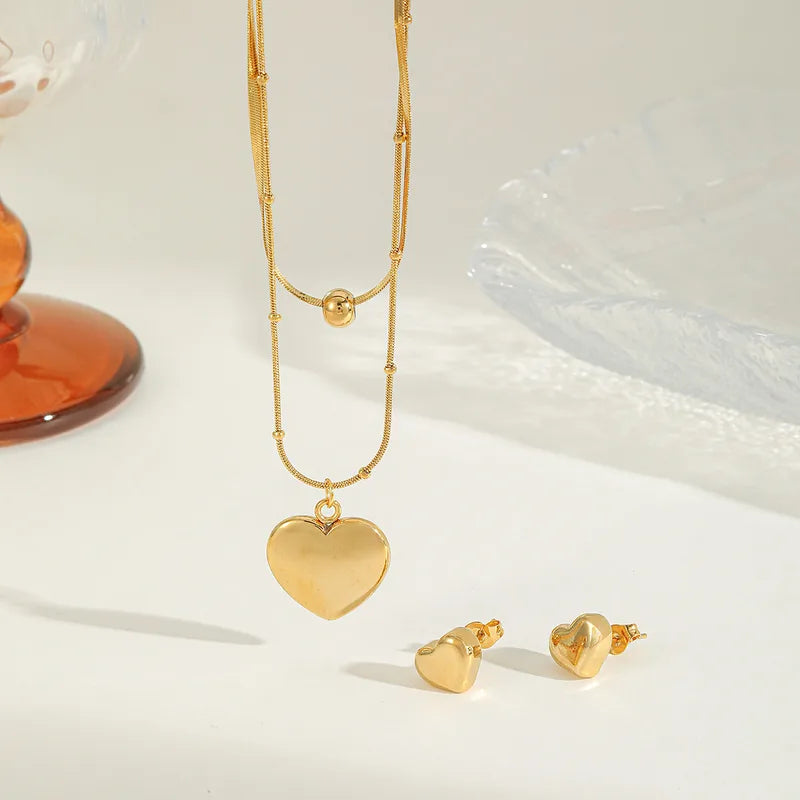 18K Gold Plated Layered Heart Necklace & Earring Set