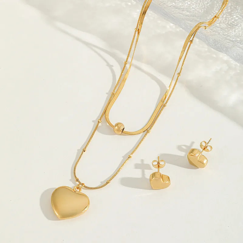 18K Gold Plated Layered Heart Necklace & Earring Set