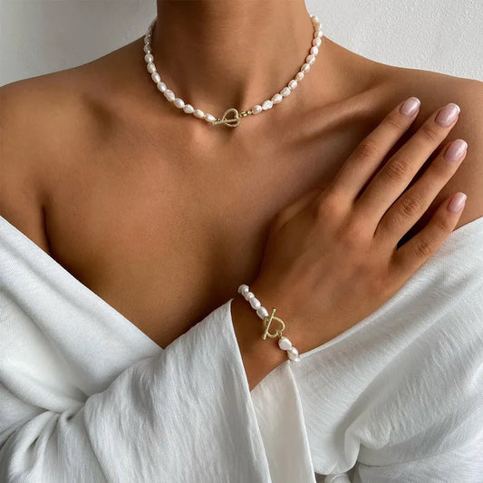 Faux Pearl Heart Necklace & Bracelet Set