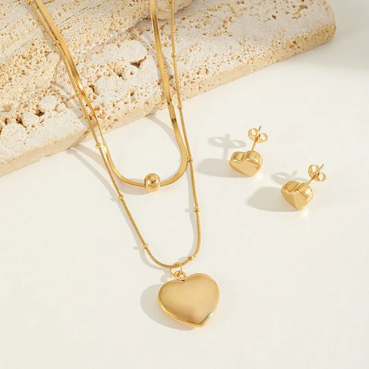 18K Gold Plated Layered Heart Necklace & Earring Set