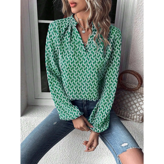 Hensley Green Mosaic Puff Sleeve Button Up Blouse