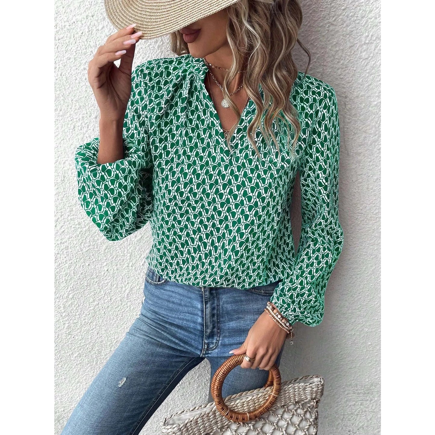 Hensley Green Mosaic Puff Sleeve Button Up Blouse