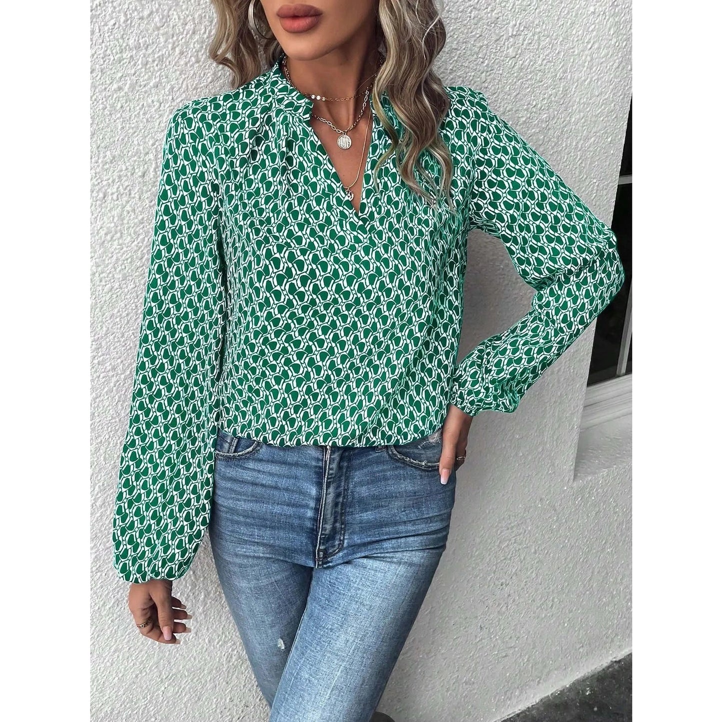 Hensley Green Mosaic Puff Sleeve Button Up Blouse