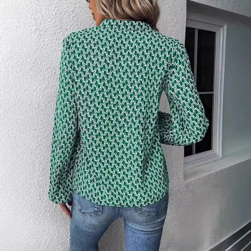 Hensley Green Mosaic Puff Sleeve Button Up Blouse