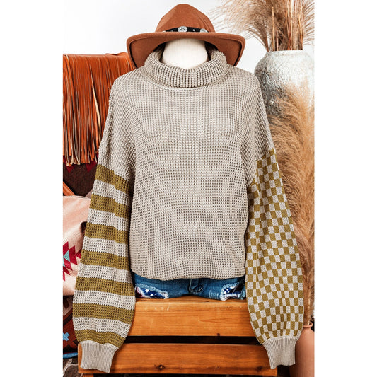 Hensley Brown Striped Plaid Patchwork Waffle Knit Turtleneck Sweater