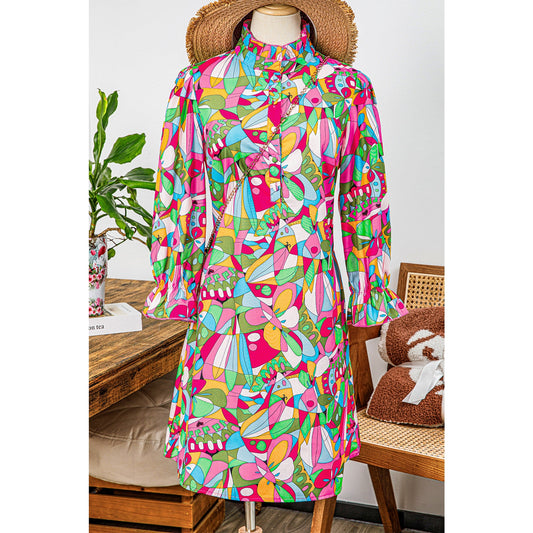 REDUCED!!!  Hester Pink Abstract Printed Lantern Sleeve Buttoned Mini Dress REDUCED!!!