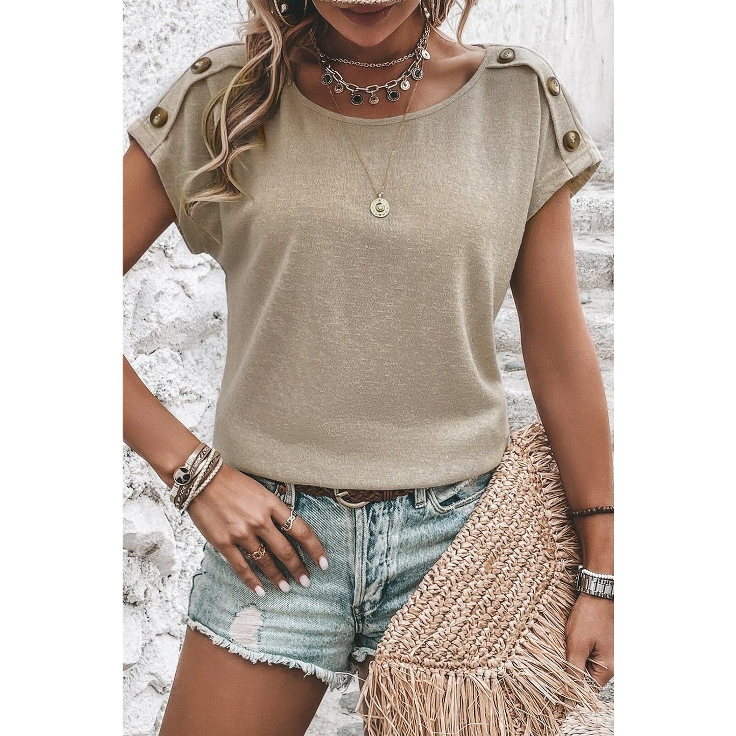 Hettie Khaki Button Detail Batwing Sleeve Casual Tee