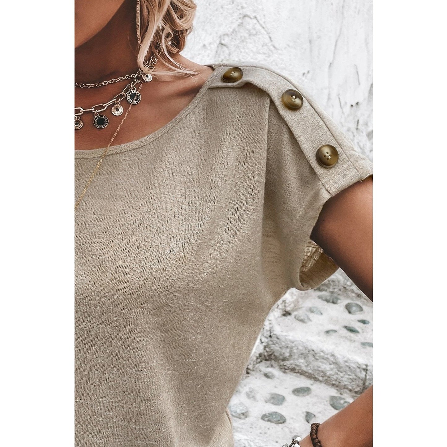 Hettie Khaki Button Detail Batwing Sleeve Casual Tee