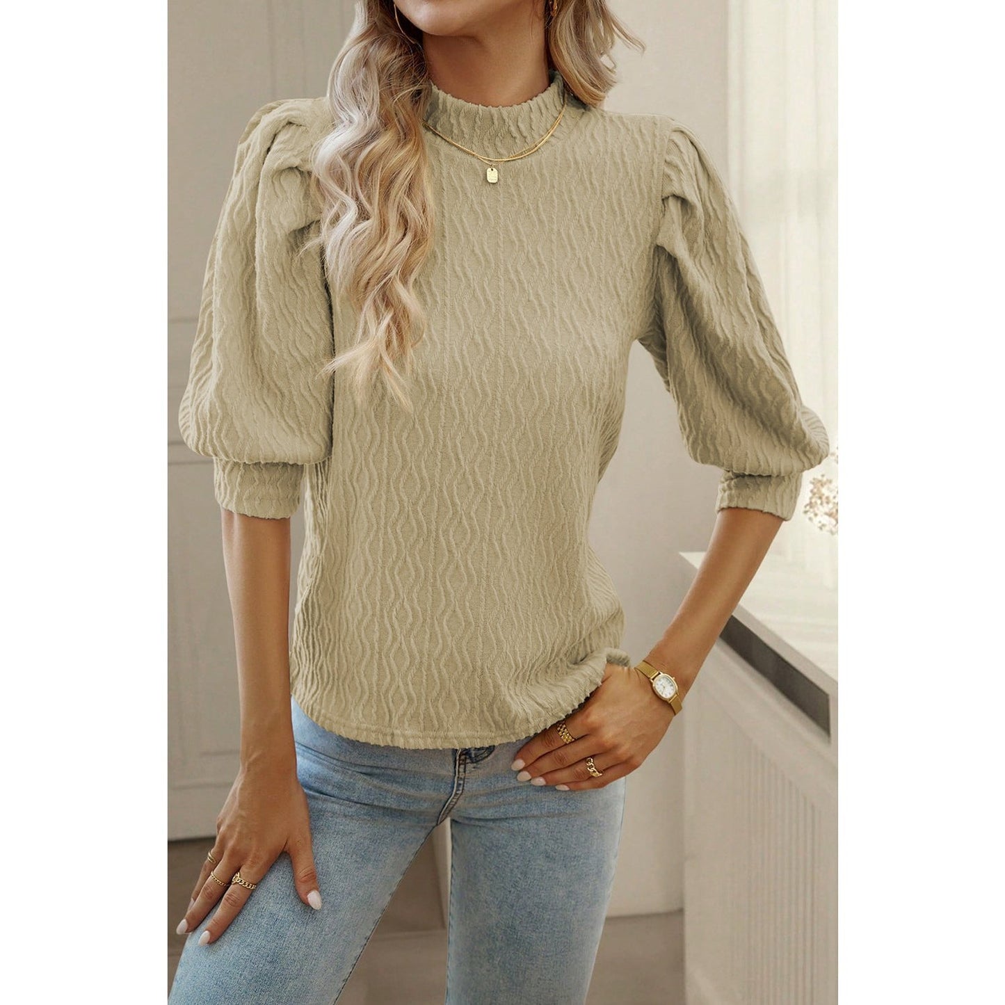 Hildi Apricot Vintage Textured Puff Sleeve Mock Neck Top