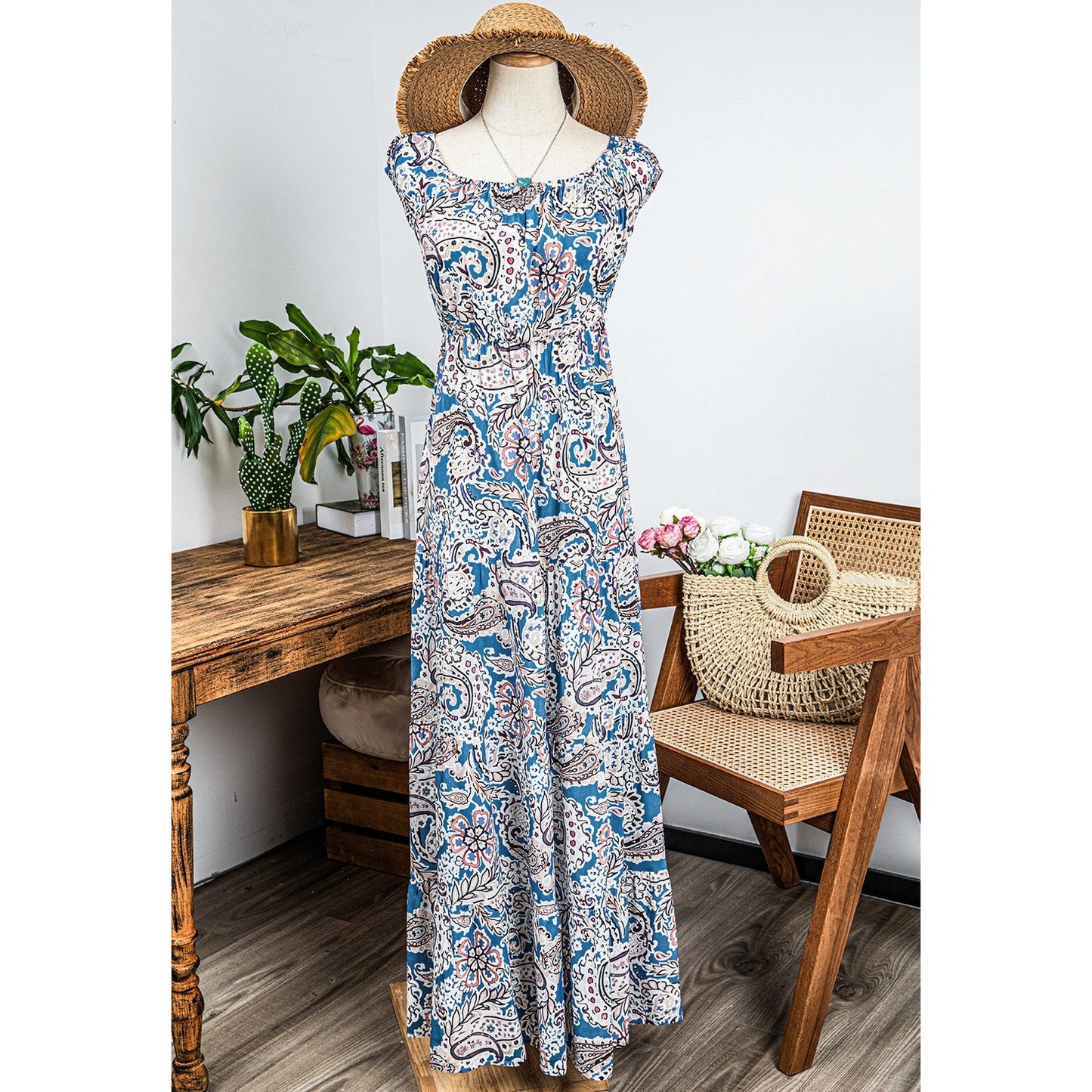 Hillary Blue Boho Paisley Print Off Shoulder Maxi Dress