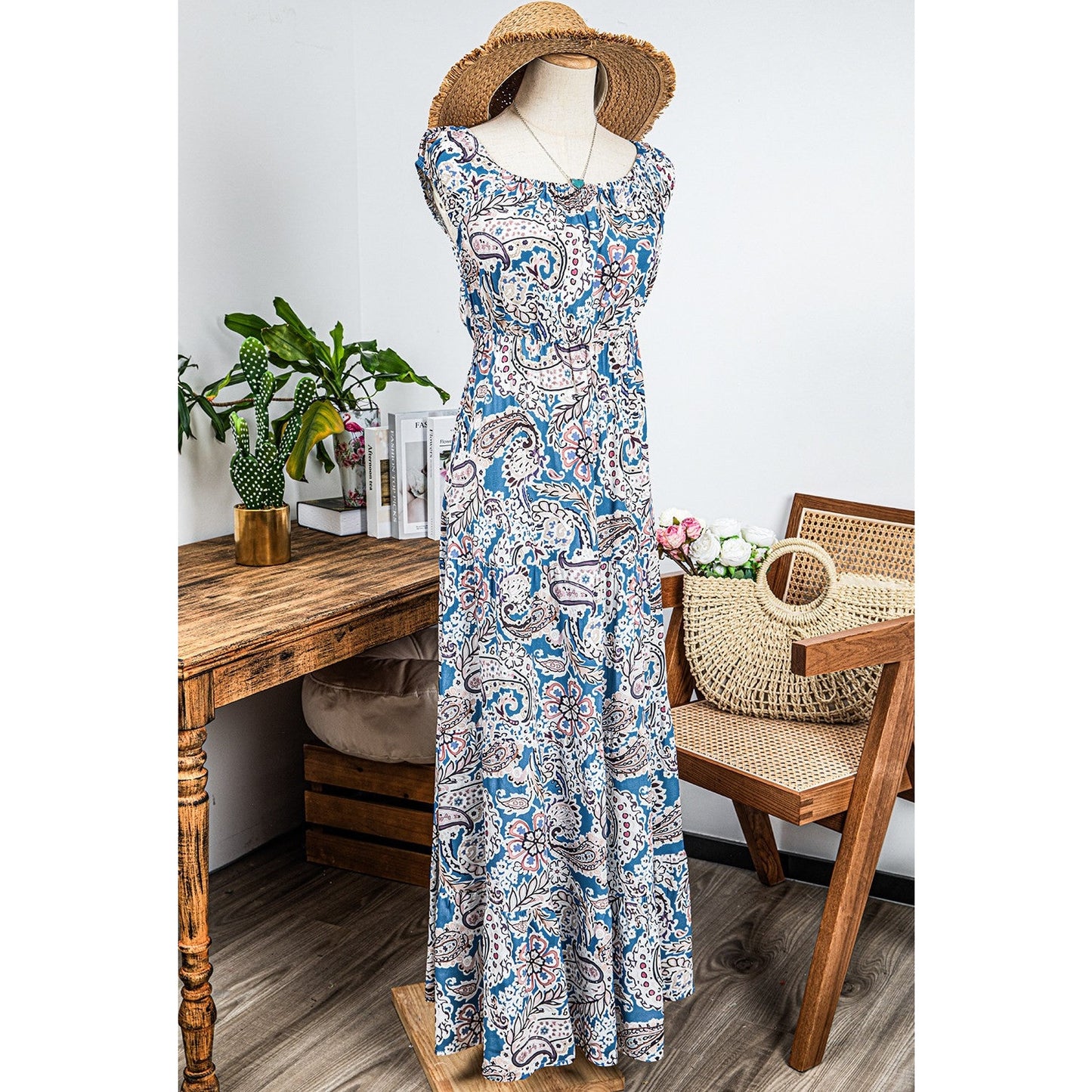 Hillary Blue Boho Paisley Print Off Shoulder Maxi Dress