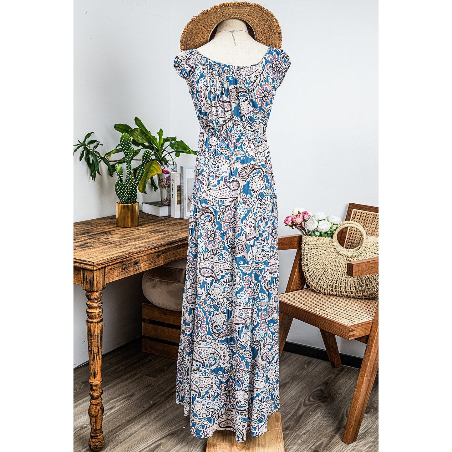 Hillary Blue Boho Paisley Print Off Shoulder Maxi Dress