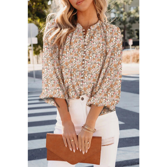 Hilma Bohemian Floral Puff Sleeve Full Button Shirt