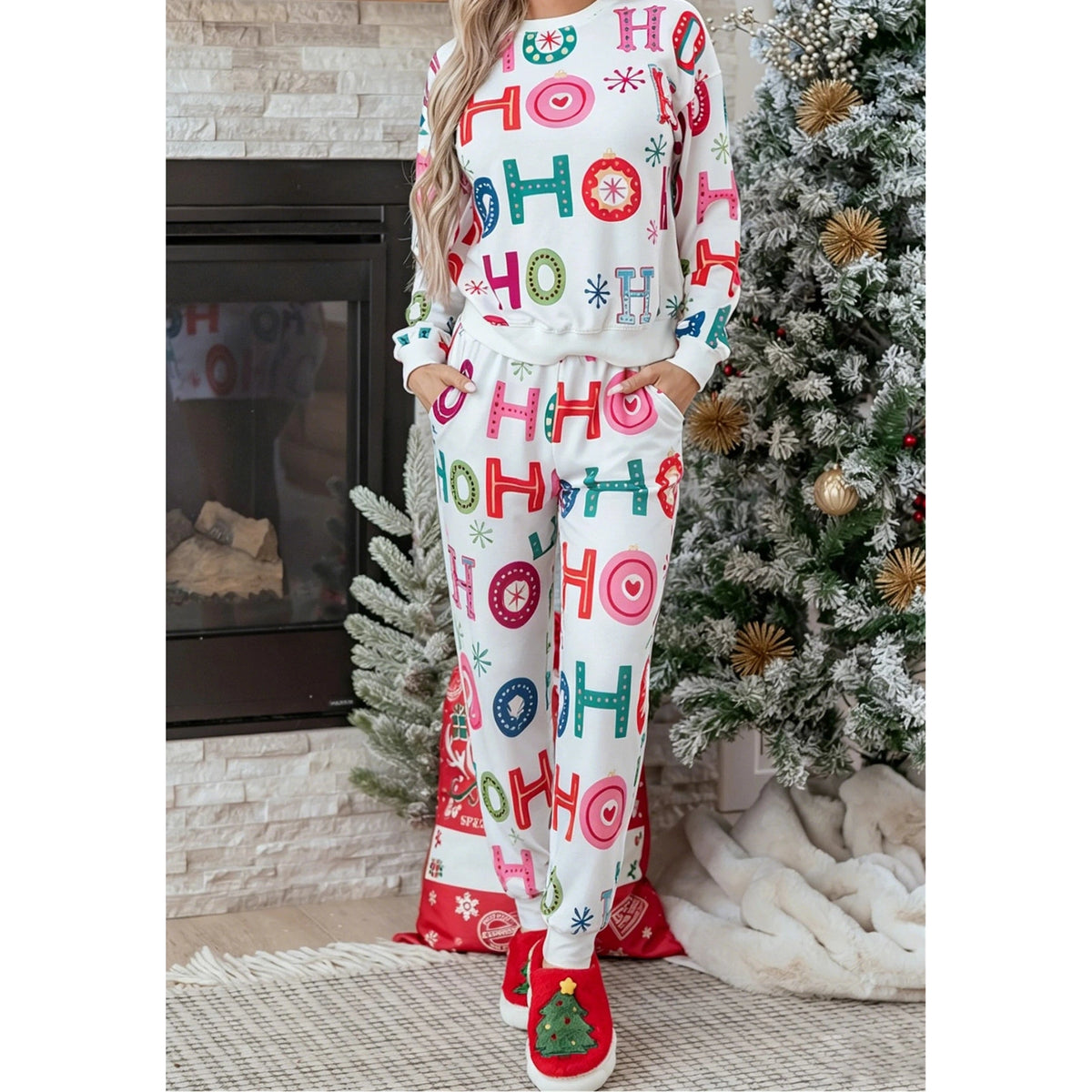 Ho Ho Ho Print Long Sleeve Lounge Set