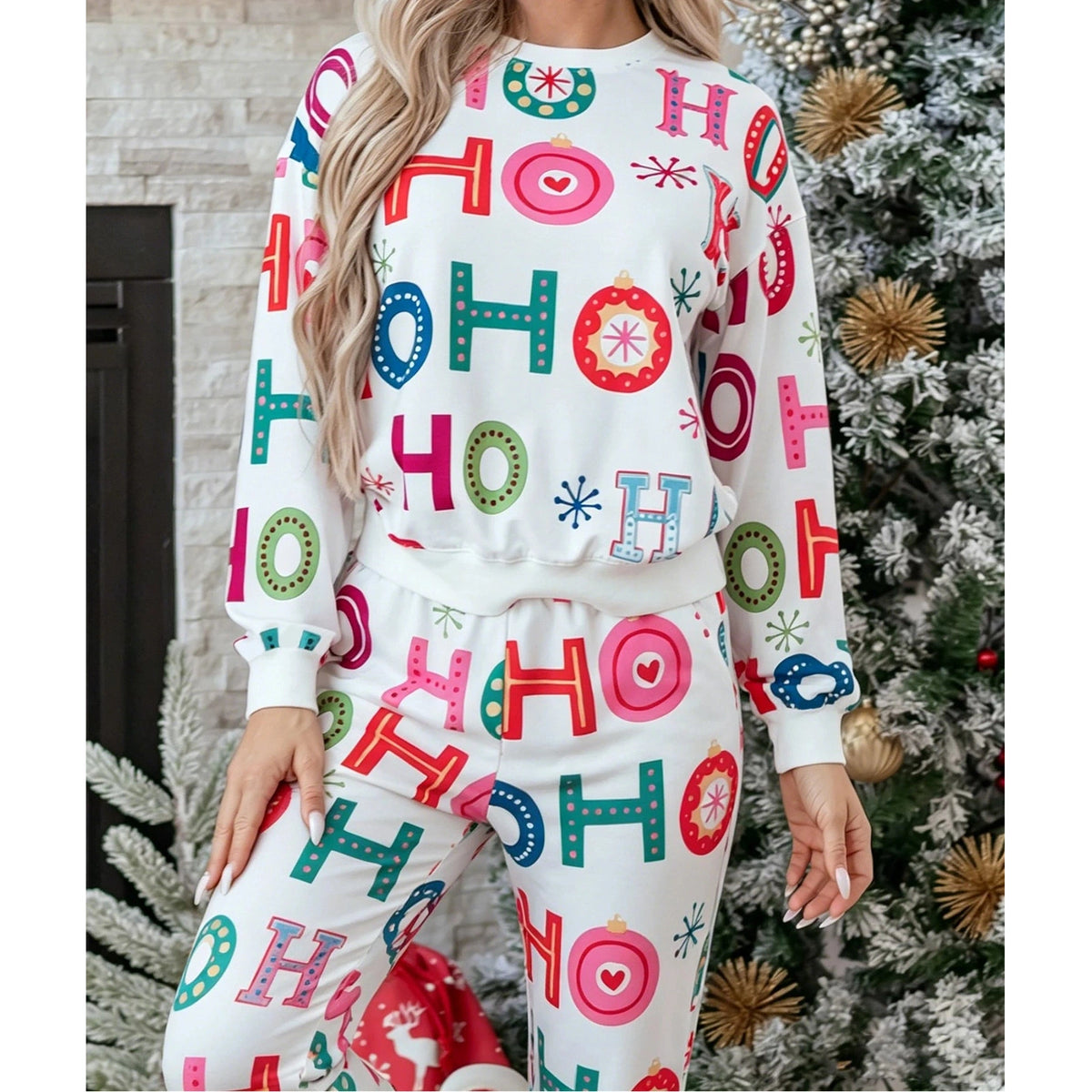 Ho Ho Ho Print Long Sleeve Lounge Set