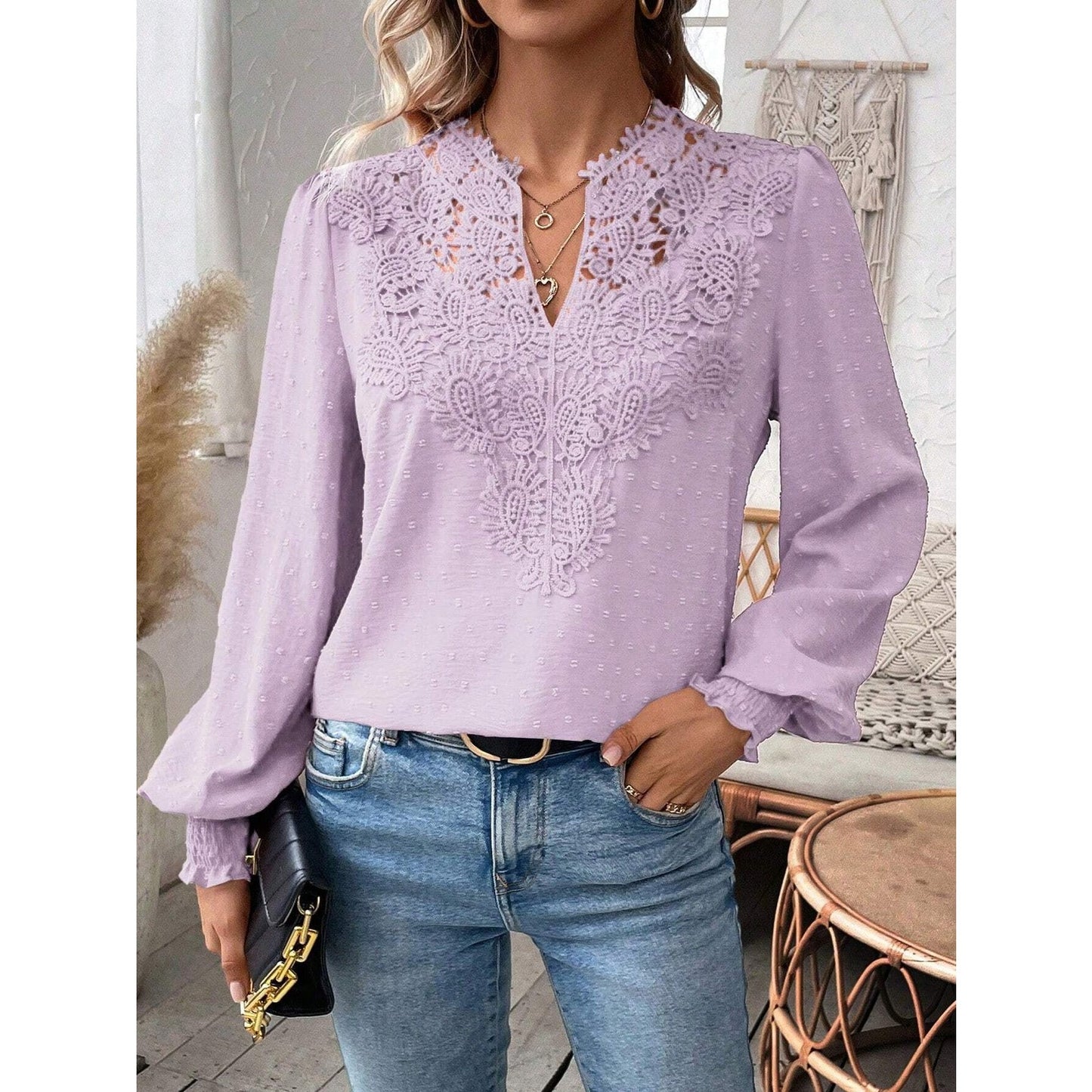 Hope Lilac Lace V Neck Swiss Dot Long Sleeve Blouse
