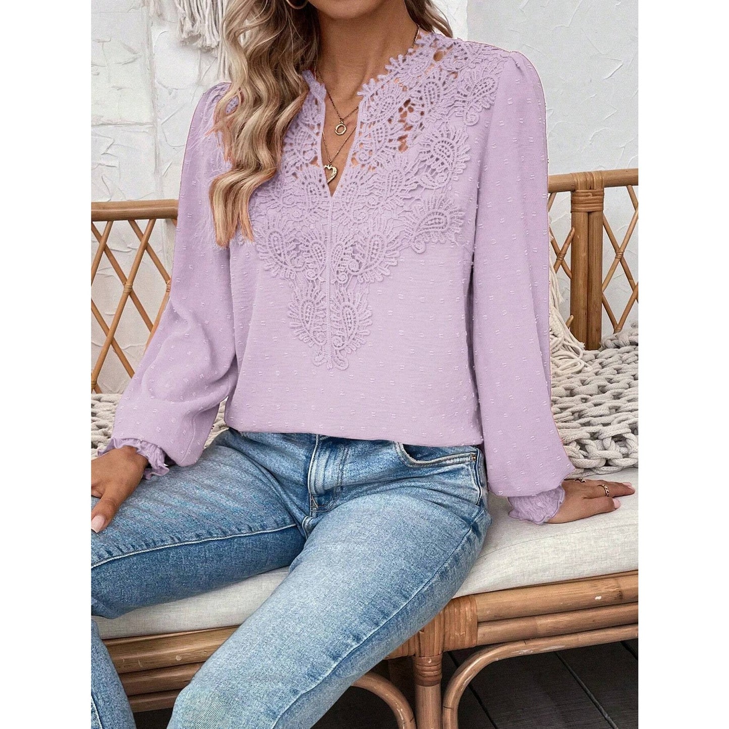 Hope Lilac Lace V Neck Swiss Dot Long Sleeve Blouse