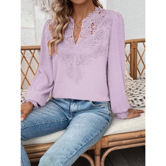 Hope Lilac Lace V Neck Swiss Dot Long Sleeve Blouse