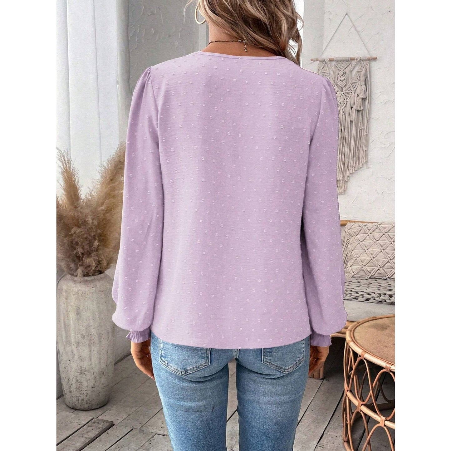 Hope Lilac Lace V Neck Swiss Dot Long Sleeve Blouse