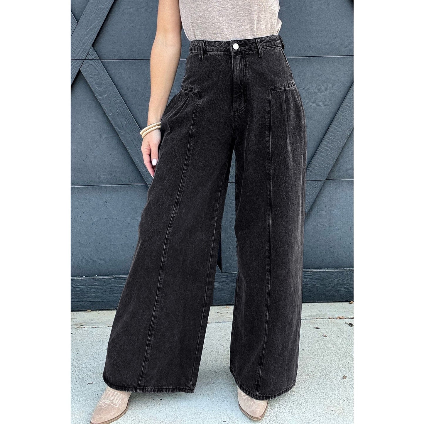 Izzie Pleated Wide Leg Mineral Wash Denim Pants
