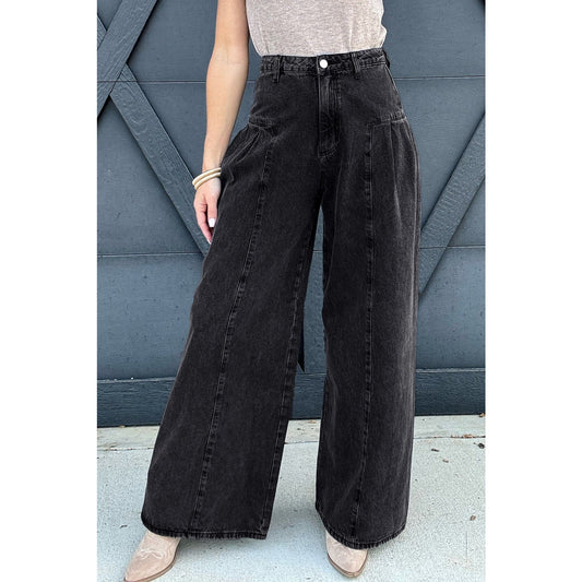 Izzie Pleated Wide Leg Mineral Wash Denim Pants