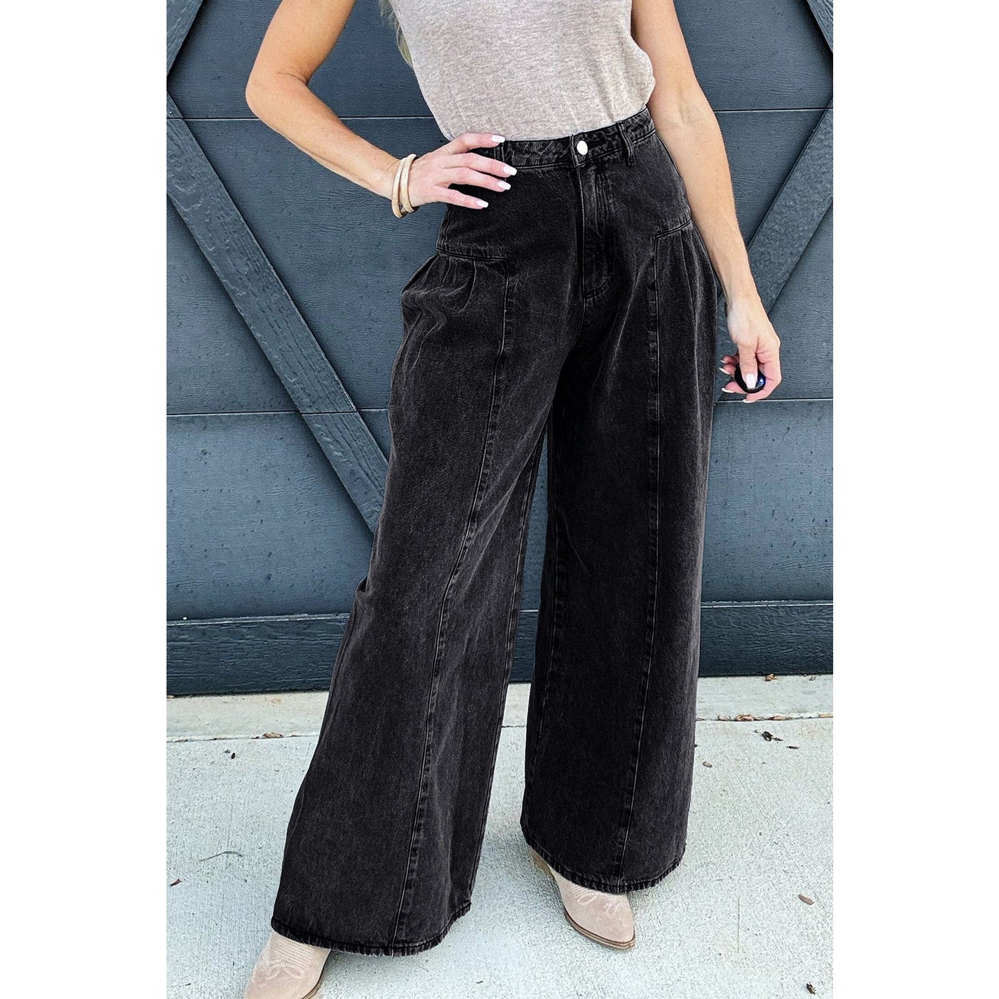 Izzie Pleated Wide Leg Mineral Wash Denim Pants