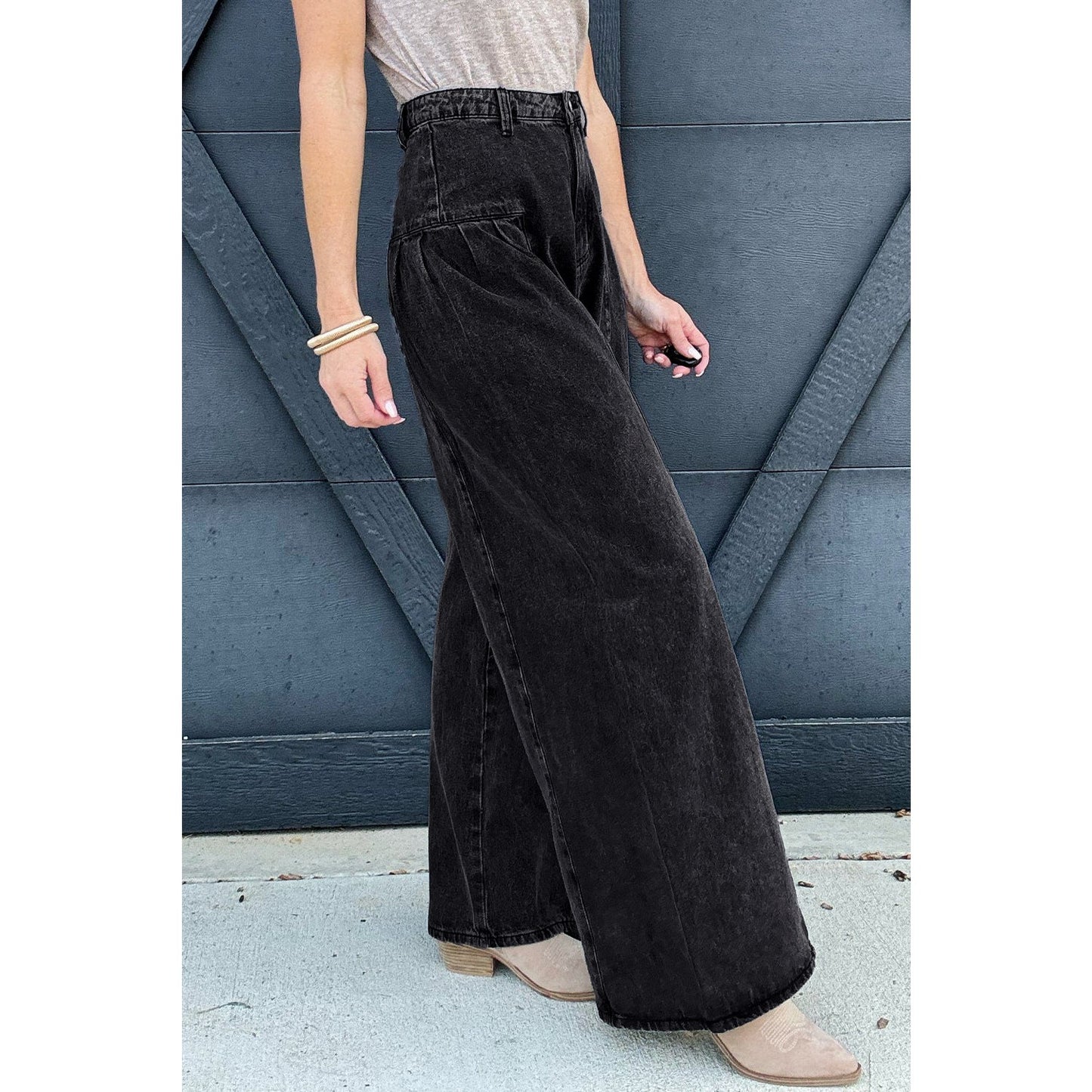 Izzie Pleated Wide Leg Mineral Wash Denim Pants