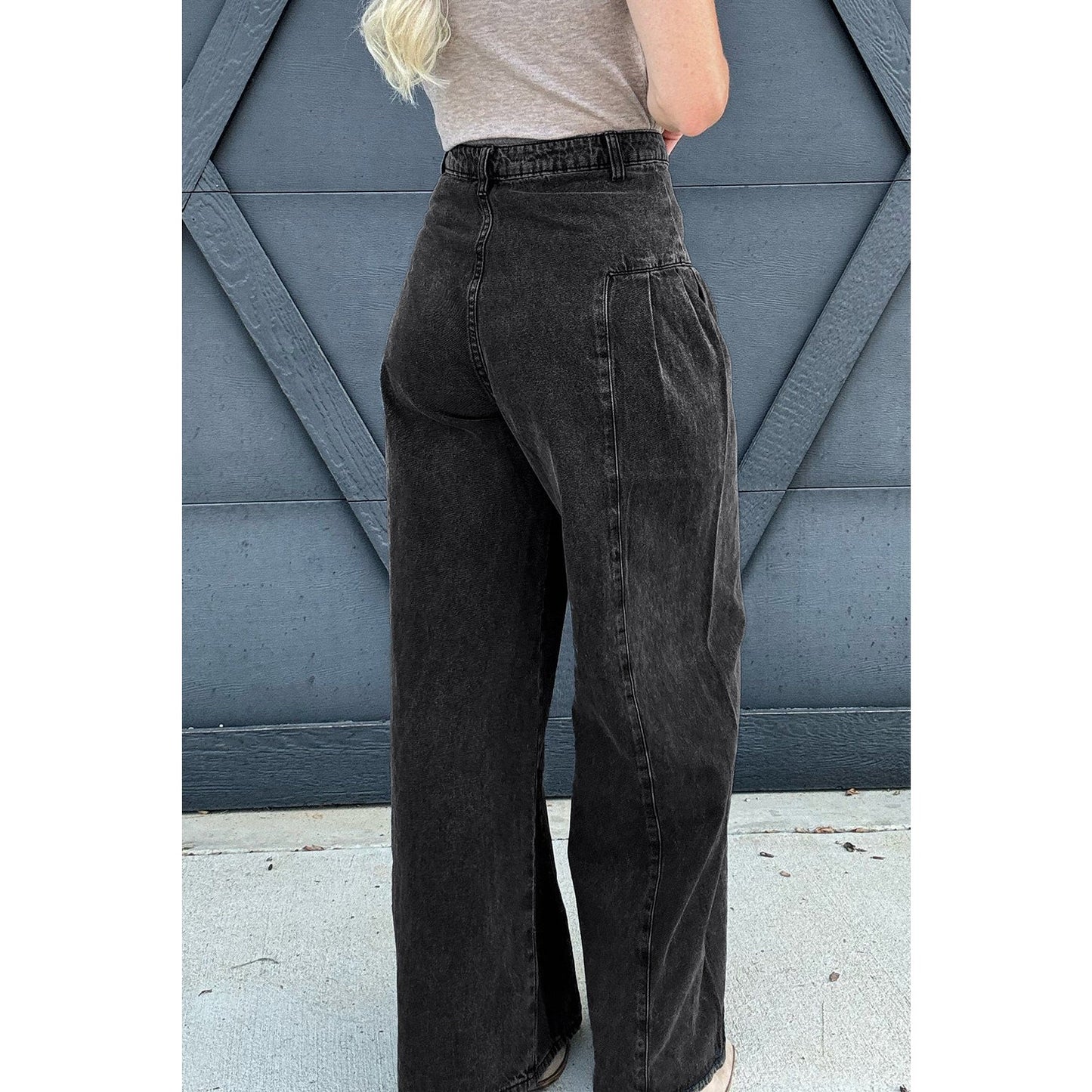 Izzie Pleated Wide Leg Mineral Wash Denim Pants