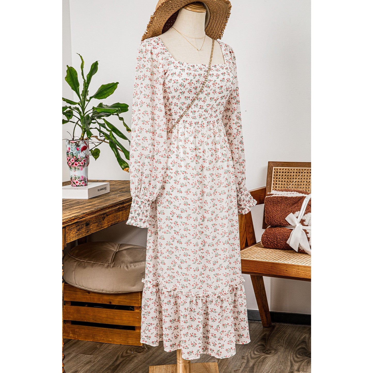 Ida Floral Print Shirred Ruffled Hem Square Neck Midi Dress