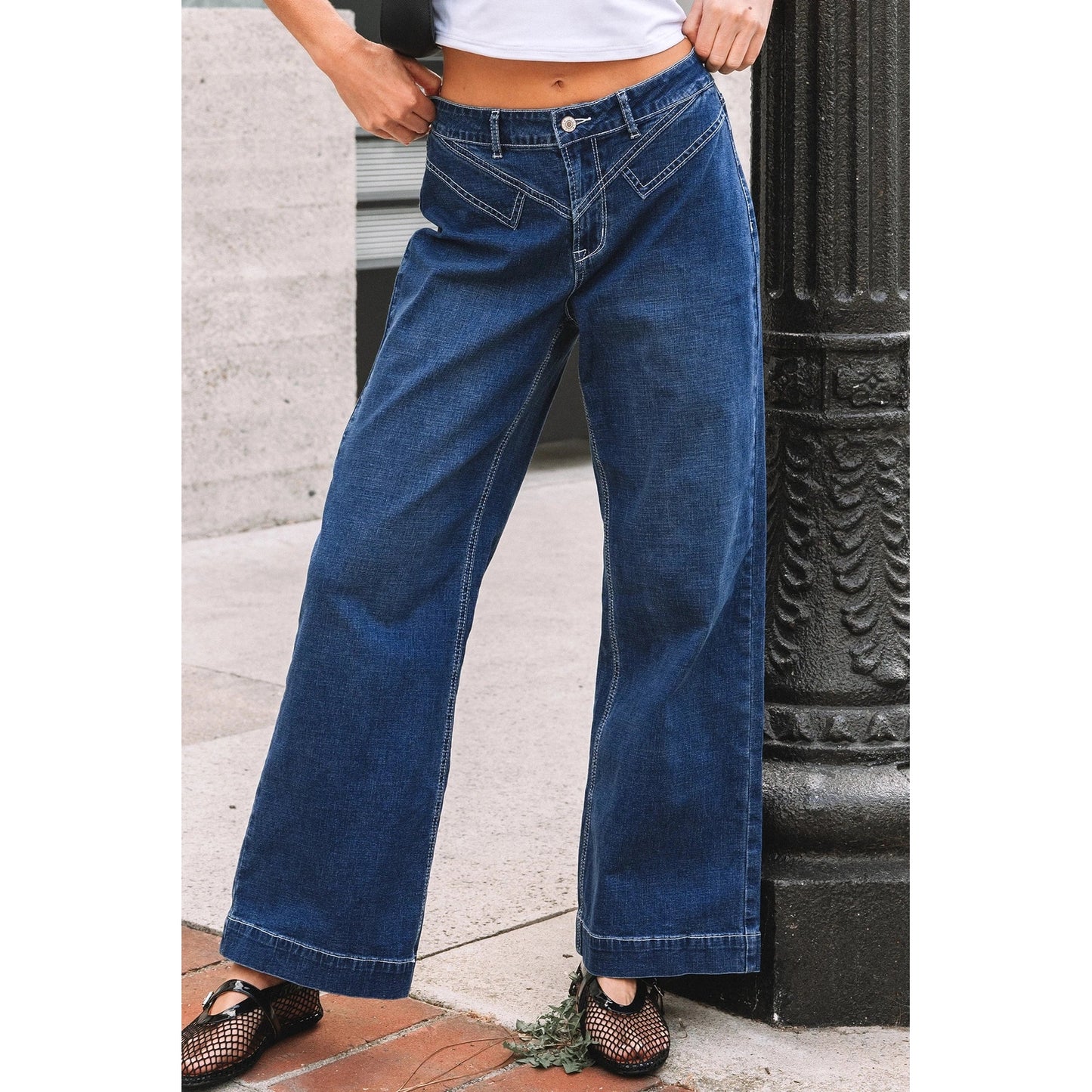 Idene Sail Blue Stitched Waist Detail Loose Cuffed Jeans
