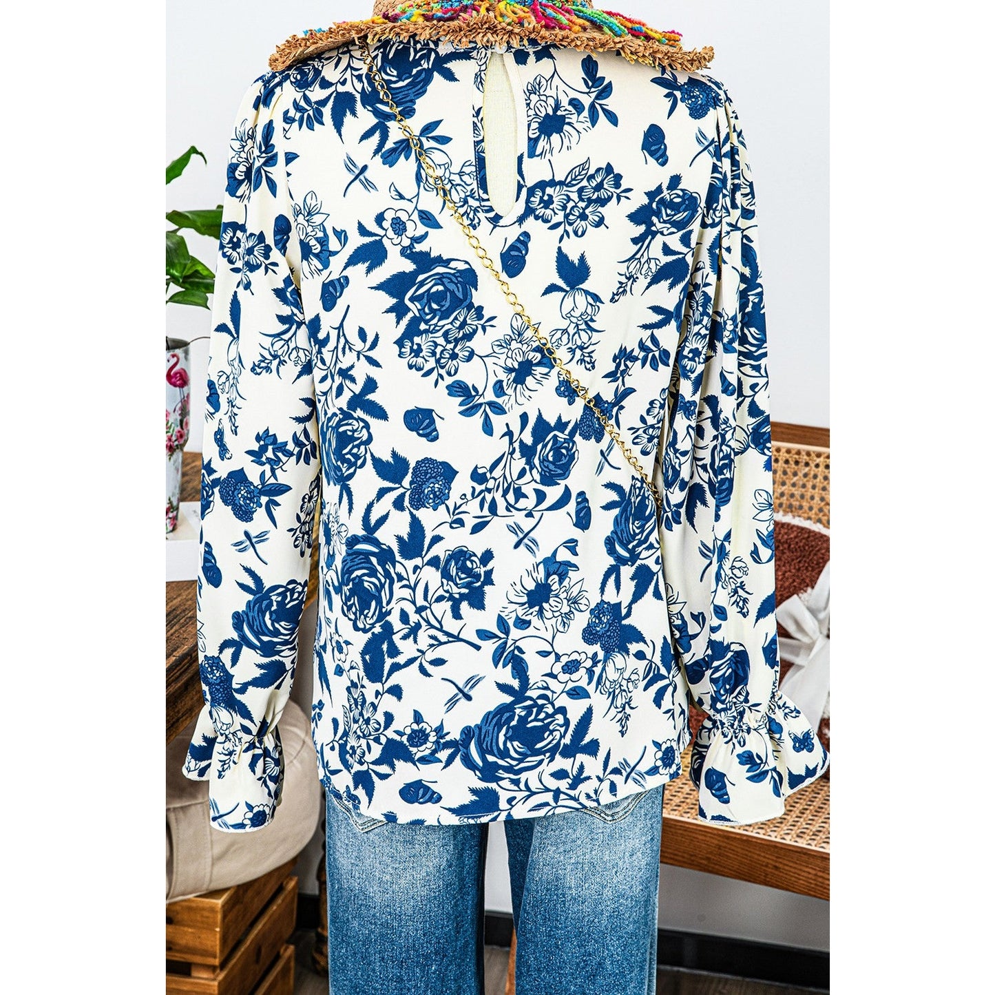 Idene Sky Blue Floral Print Flounce Sleeve Keyhole Back Blouse