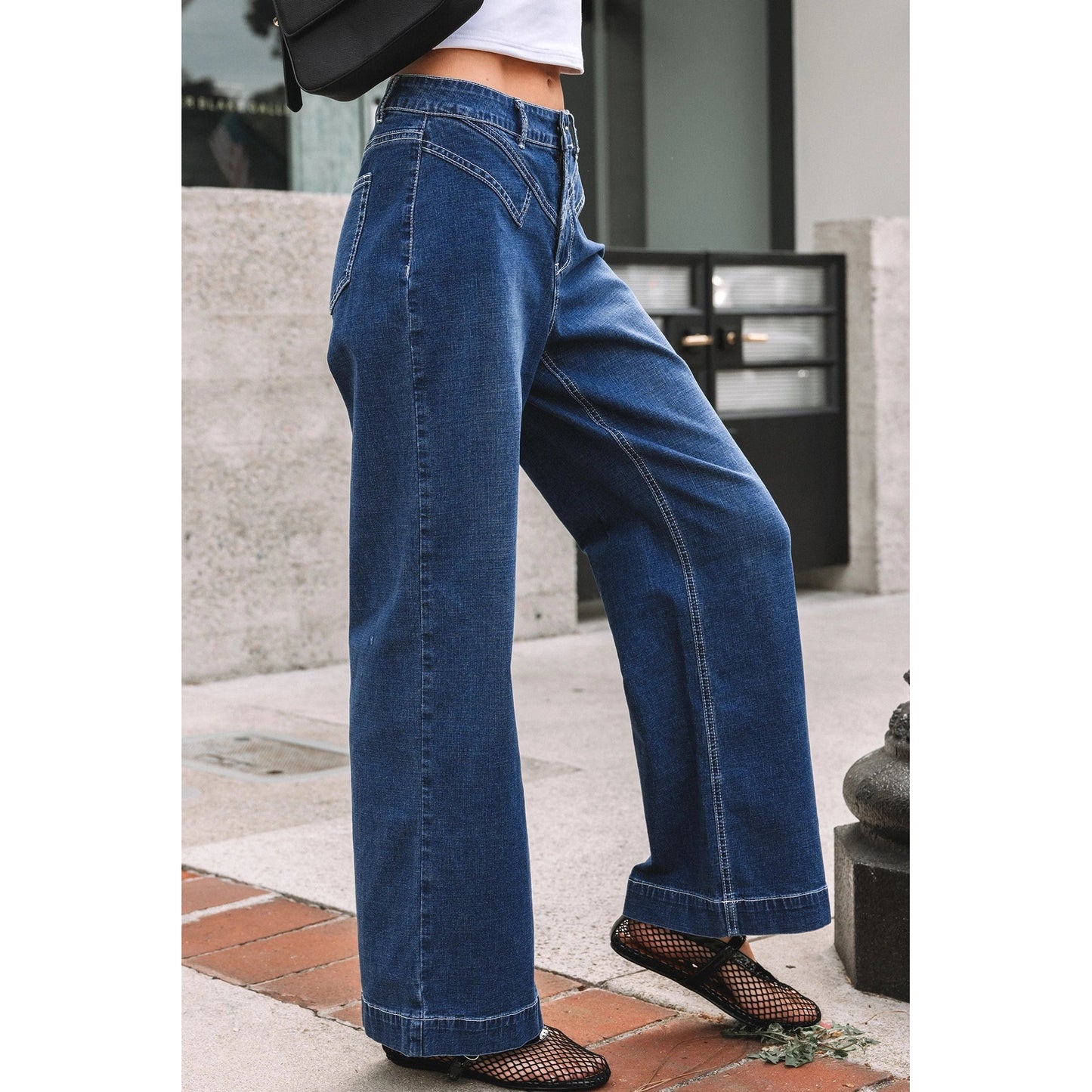 Idene Sail Blue Stitched Waist Detail Loose Cuffed Jeans