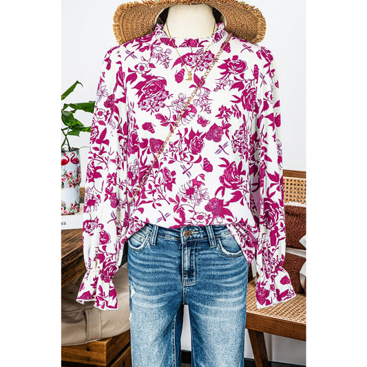 Idene Pink Floral Print Flounce Sleeve Keyhole Back Blouse