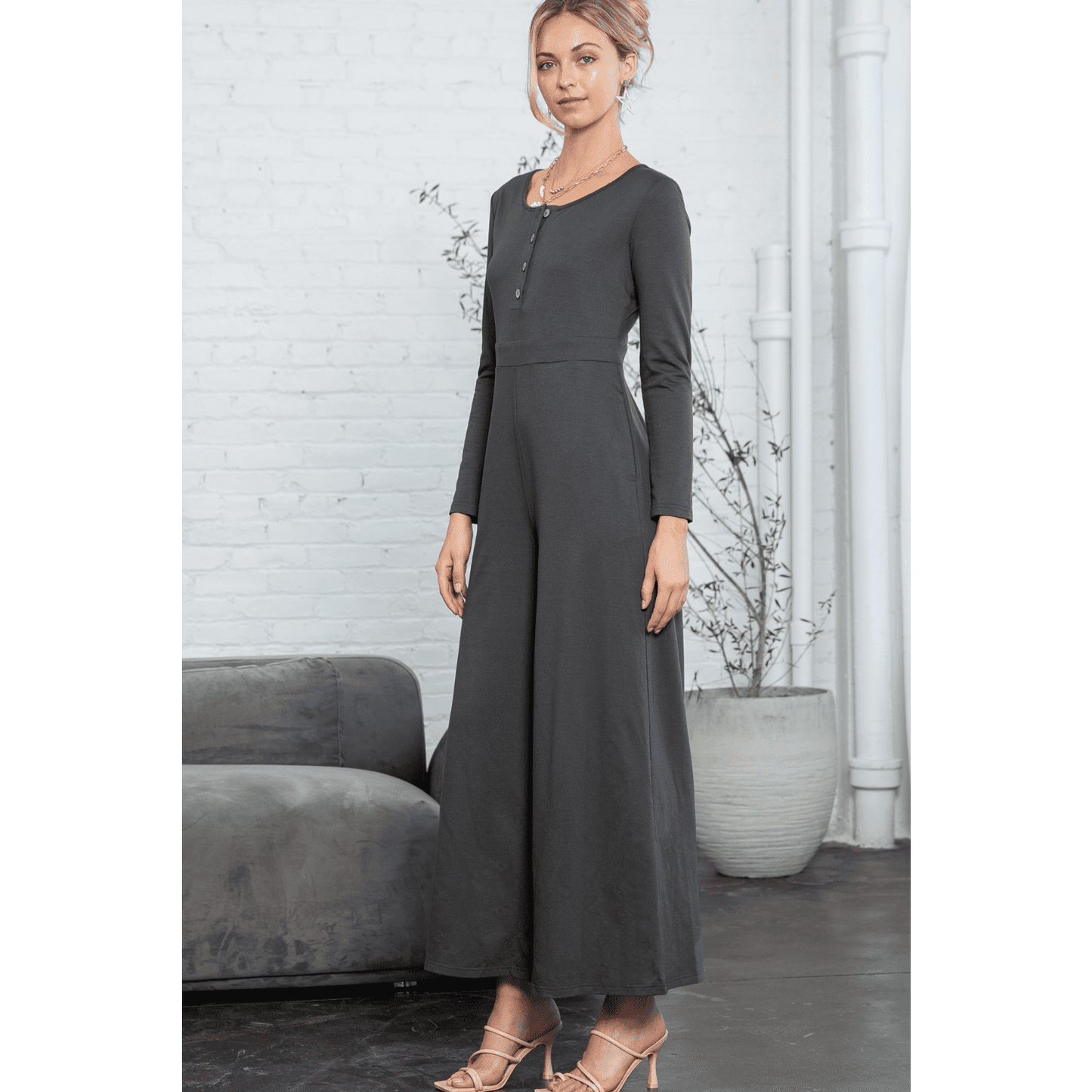 Delcia Grey Button Long Sleeve Wide Leg Jumpsuit